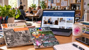 Campagne multicanale éducation : revue de presse enseignante posée à côté d'un ordinateur affichant un site pédagogique
