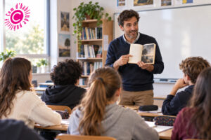 Professeure présentant un roman à sa classe : promouvoir un livre auprès des enseignants